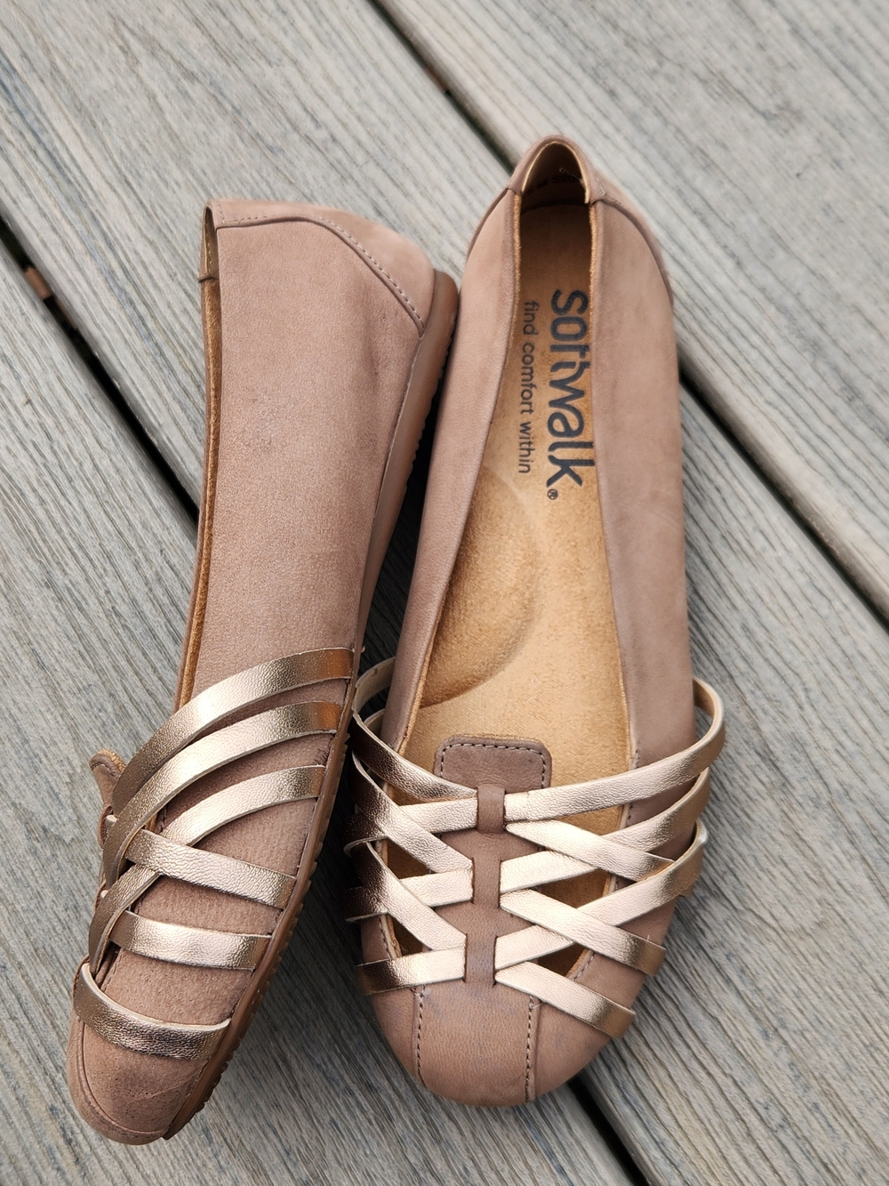 SoftWalk Women's Taupe Flats with Metallic Rose Accents